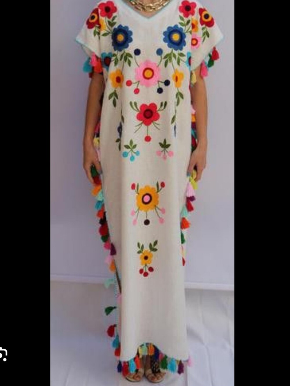 Floral Tassel Caftan Dress - White with Multicolor Flowers Tassel Sides Osfm